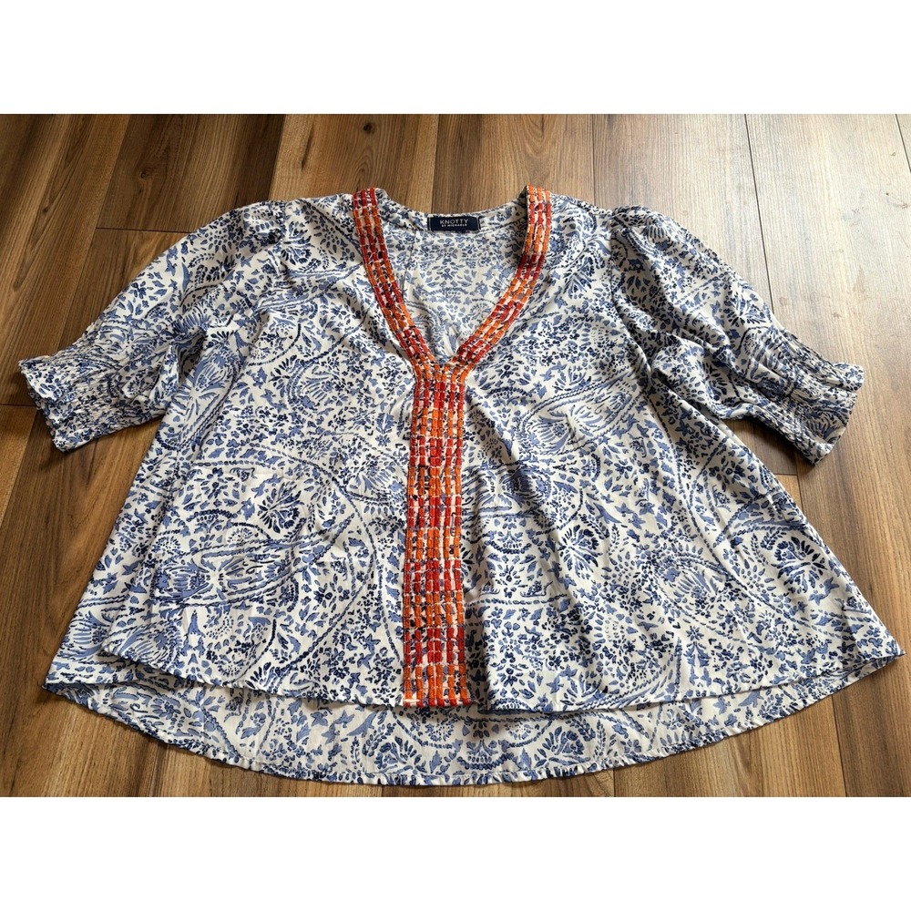 Knotty St Michael's V-neck Blouse Shirt Blue Floral Orange‎ Trim Women's Small
